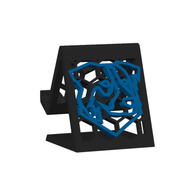 3D rendering of a phone stand with company logo.